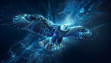 Poster - A digital art of an eagle soaring in the sky, composed entirely from interconnected geometric shapes and lines representing data connections
