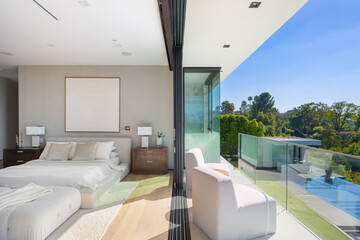 Bedroom a balcony overlooking at a private pool