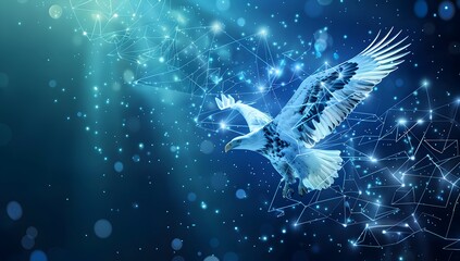Poster - A white eagle soaring in the air, blue background with lines and dots connecting to form an abstract geometric pattern

