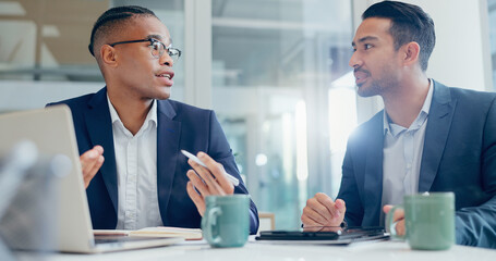 Aufkleber - Man, teamwork and conversation with laptop in office, company review and online networking with employee. Discussion, internet and collaboration for target report, meeting and professionals together