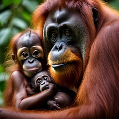 Sticker - AI generated illustration of two adult and one baby Sumatran orangutans in lush jungle habitat