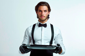 Wall Mural - Waiter in crisp white uniform and black apron holding empty metal tray isolated on white background