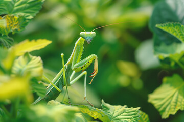 Sticker - AI generated illustration of a mantis perched on a leafy branch with lush foliage in the background