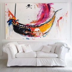 Wall Mural - AI-generated illustration of an artwork displayed on a white wall above a white sofa