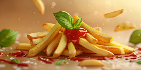 Sticker - A pile of french fries with a strawberry jam on top.
