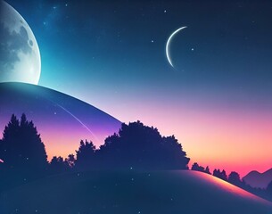 Canvas Print - AI generated illustration of a night sky abstract backgrounds with moon and stars