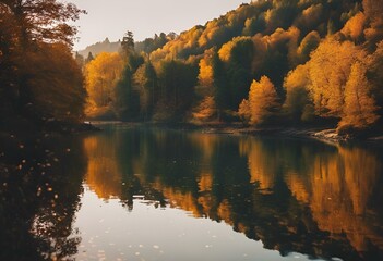 Wall Mural - AI-generated illustration of a tranquil autumn river surrounded by lush trees