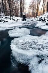 Wall Mural - Sun setting over a partially frozen river with flowing water