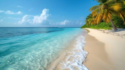 A beautiful beach with a clear blue ocean and palm trees in the background