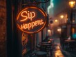 © Wirestock - AI-generated illustration of the Neon sign 'Sip Happens' outside the shop door at night