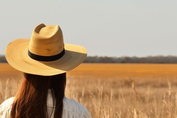 Wall Mural - AI-generated illustration of a woman in a hat gazing at a crop field