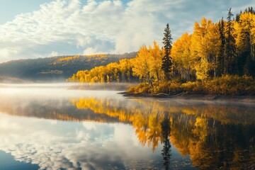 Wall Mural - AI-generated illustration of a Foggy lake surrounded by autumn trees