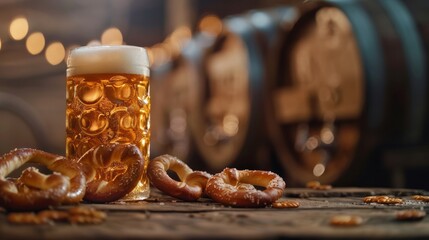 Wall Mural - glass of beer, wood barrel beer and Brezel.