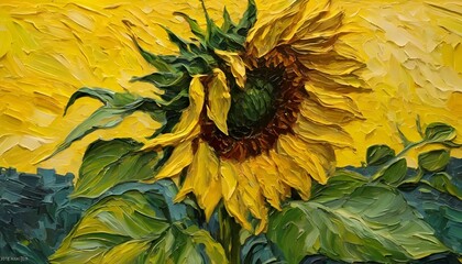 Wall Mural - a sunflower in a field with leaves by a yellow wall