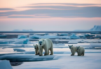 Canvas Print - three polar bears are standing in the middle of an icy lake