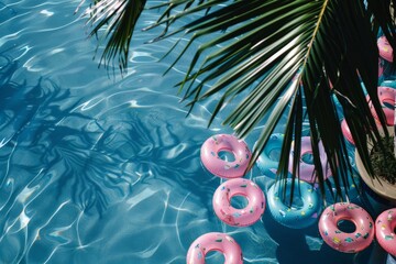 Wall Mural - A close-up of an outdoor pool with pink and blue inflatable floats on the surface of the water. The palm tree leaves hang over the pool and create a relaxing atmosphere