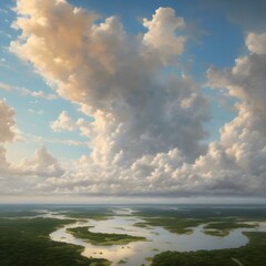 Canvas Print - AI generated illustration of aerial view of green field and water from airplane