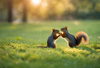 Wall Mural - squirrels standing next to each other in the grass at sunset