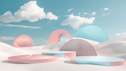 Wall Mural - 3D render of an abstract background with pastel pink and blue colors round podiums in a desert landscape with sky.