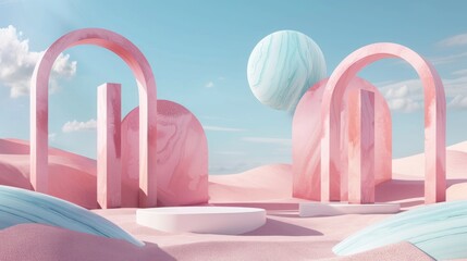 Wall Mural - 3D render of an abstract background with pastel pink and blue colors round podiums in a desert landscape with sky.