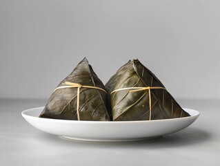 Poster - AI-generated illustration of stacked steamed dumplings wrapped in leaves on a plate