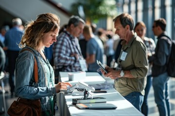 Wall Mural - A woman checks in at a conference registration table, while others stand in line and engage in conversation