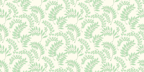 Wall Mural - Abstract green branches leaves scattered randomly in a seamless pattern. Vector hand drawing sketch. Creative tiny leaf stems printing on a light background. Template for design