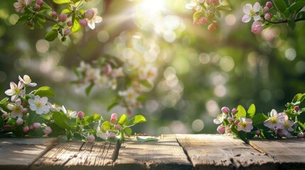 Sticker - Spring background with a wooden table and apple blossoms in the garden.