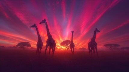 Wall Mural - four giraffes stand in the field near some trees at sunset