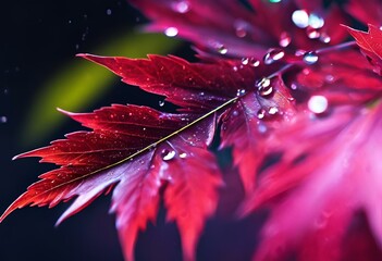 Canvas Print - water droplets are placed on a red leaf and it is still green