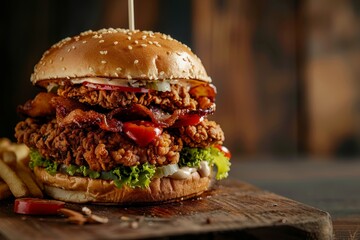 Canvas Print - A close-up shot of a hearty fried chicken sandwich with bacon, lettuce, tomato, and sauce on a wooden cutting board. There is copy space on the left side of the image