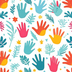 seamless pattern of summer leaves and colorful hands, vector ready for design 