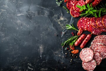 Wall Mural - A close-up top view of a variety of sliced dry-cured Spanish salami and sausages on a black textured surface, with rosemary and other herbs scattered around