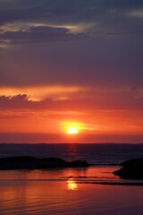 Poster - a sunset view with the sun in the background and there is a body of water