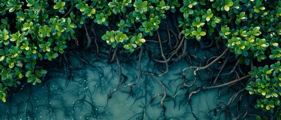 Mangrove Roots and Leaves in Tropical Water.