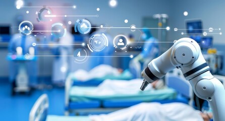 Poster - Advanced robotic surgery in a futuristic hospital, highlighting innovation and digital automation in patient care, Gernerative AI