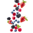 © reels - Assorted fresh berries including strawberries, blueberries, raspberries, and blackberries on a white background.