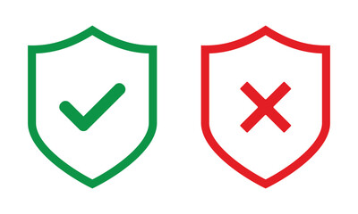 Poster - shield icon with tick and cross mark. green red protected and unprotected symbol for app, ui, website. vector illustration on transparent background.