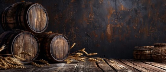 vintage wooden beer barrels with barley fields on a wooden table on a dark background.