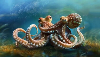 Octo-Playmates: A whimsical duo of octopuses frolicking together