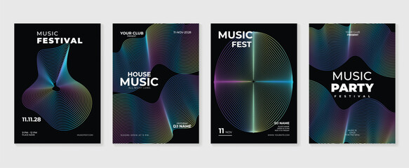 Music poster design background vector set. Electro Sound Cover template with vibrant abstract gradient line wave. Ideal design for social media, flyer, party, music festival, club.