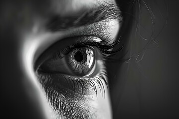 Wall Mural - AI generated illustration of a close-up of a woman's eye, in black and white