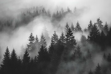 Wall Mural - AI generated illustration of a misty black and white forest scene with fog