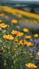 Wall Mural - Vibrant flower bed with yellow blooms in focus, AI-generated.