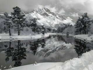 Wall Mural - Monochrome shot of a river flowing between two mountain peaks under a cloudy sky, AI-generated.