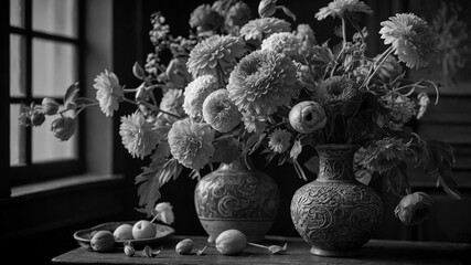 Canvas Print - AI generated illustration of a monochrome image of vases filled with flowers