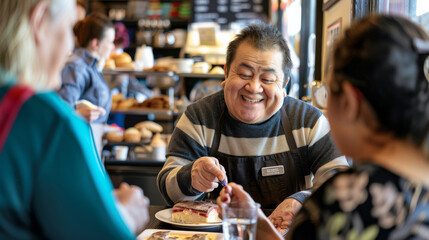 Wall Mural - A cheerful barista, wearing a striped sweater, shares a delightful moment with customers while serving a slice of cake in a cozy, bustling café.