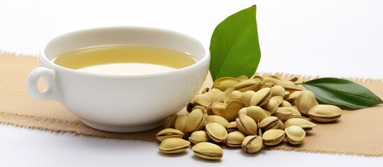 Poster - Copy space image of hot sacha inchi tea and Sacha Inchi seeds on a white background