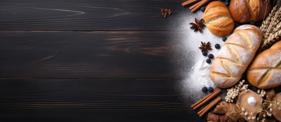 Poster - Composition with bakery products salt and kitchen towel on white background top view. copy space available