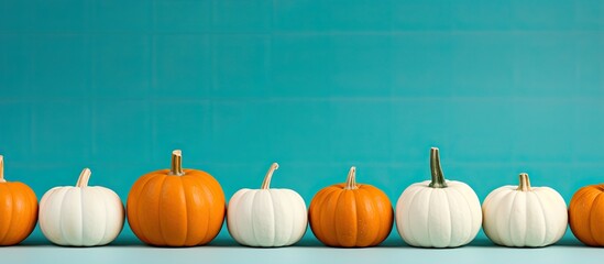 Wall Mural - Copy space image of white and orange pumpkins aligned on a vibrant orange and aqua blue backdrop